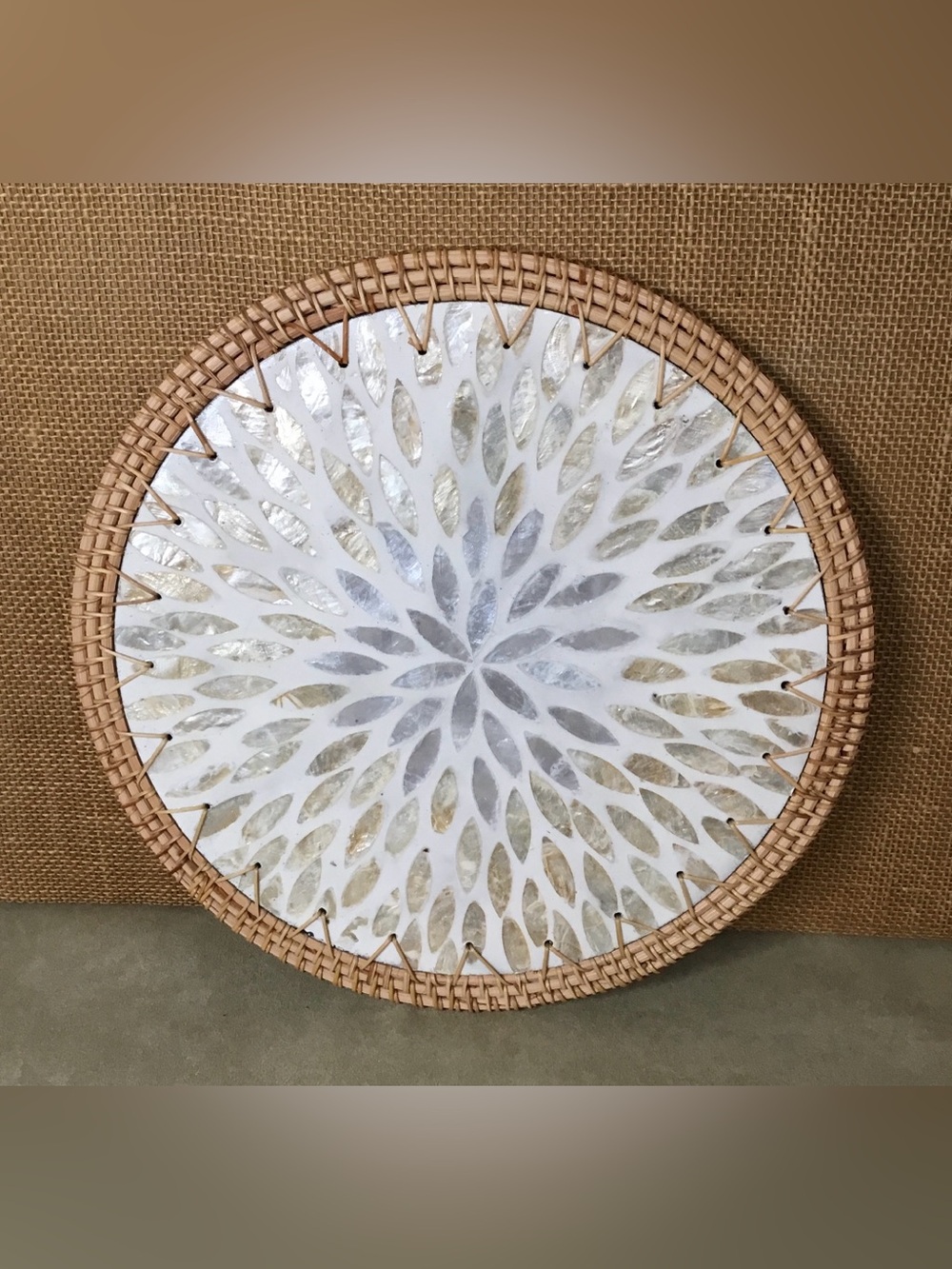 Brazil Station 12” Mother-Of-Pearl Plate Charger with Handwoven Rattan Frame